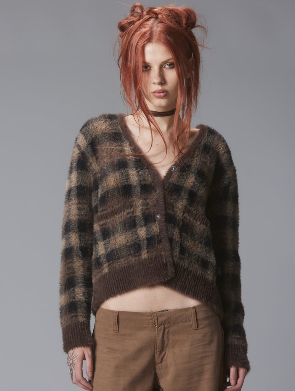 UNIF TY Plaid Mohair Blend Cardigan Grunge Style Women's Sweater Size S